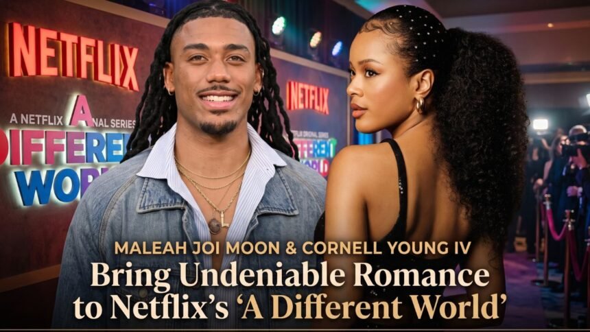 Maleah Joi Moon as Deborah and Cornell Young IV as Shaquille sharing a moment on the set of Netflix's series 'A Different World'
