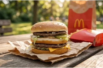Jim Delligatti, the McDonald’s franchisee who created the Big Mac, standing beside a double‑patty sandwich on a sesame bun