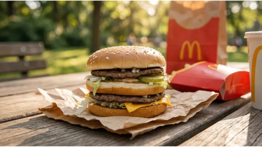 Jim Delligatti, the McDonald’s franchisee who created the Big Mac, standing beside a double‑patty sandwich on a sesame bun