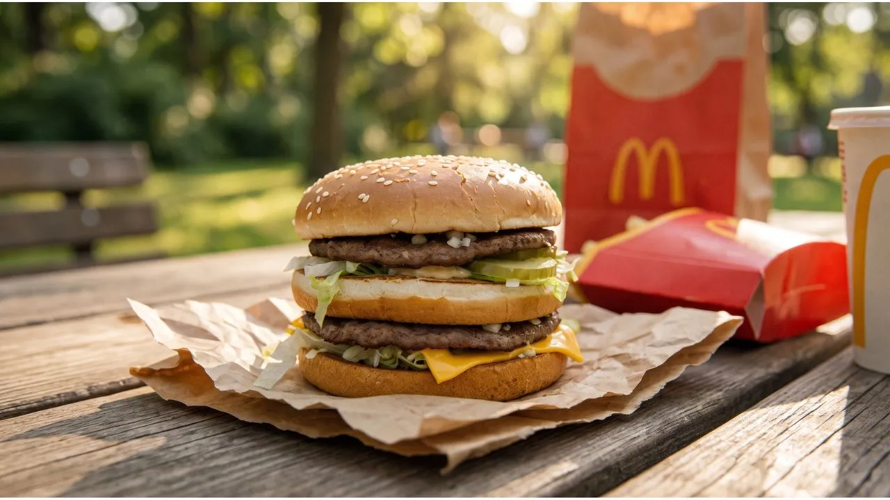 Jim Delligatti, the McDonald’s franchisee who created the Big Mac, standing beside a double‑patty sandwich on a sesame bun