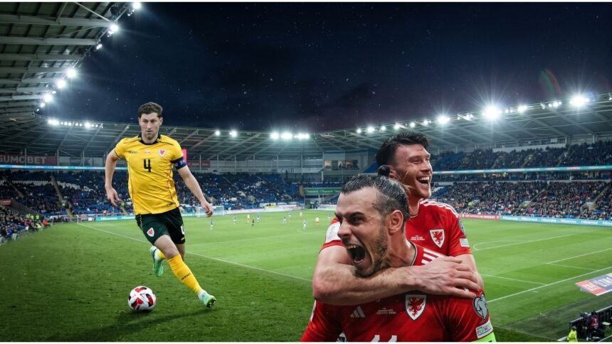 Wales vs Norway UEFA Nations League match in Cardiff, showing both teams fighting for the ball under stadium lights.