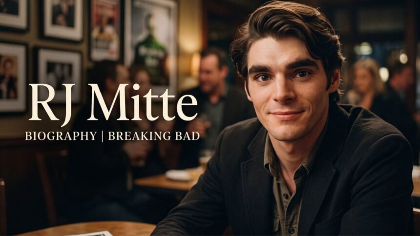 Portrait of actor RJ Mitte smiling during a red carpet event.