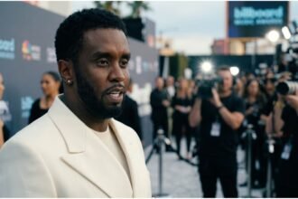 Sean "Diddy" Combs in a prison medical area, wearing a hospital gown and being assisted by prison staff after a head injury during a fight with inmate Christopher "Dudus" Coke