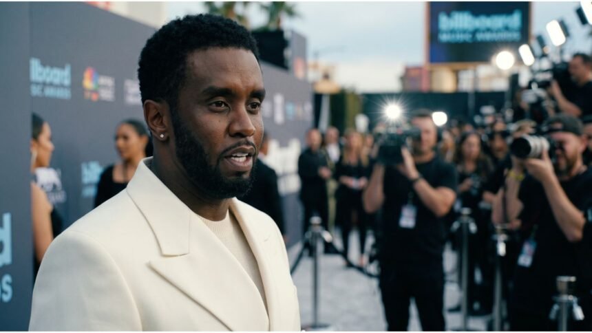 Sean "Diddy" Combs in a prison medical area, wearing a hospital gown and being assisted by prison staff after a head injury during a fight with inmate Christopher "Dudus" Coke