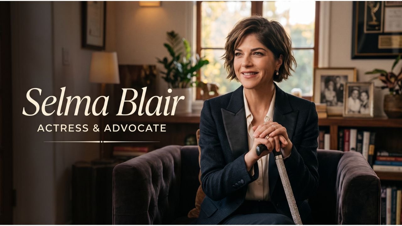 Selma Blair wearing a dark jacket, looking at the camera, with a neutral background