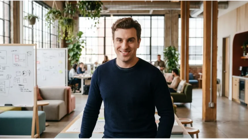 Brian Chesky, co‑founder and CEO of Airbnb, speaking into a microphone during a podcast interview about AI and management