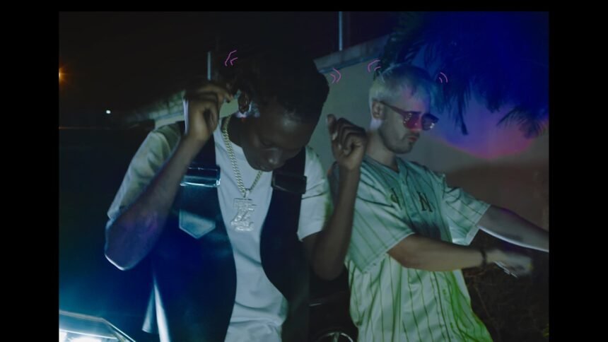 joki and Zinoleesky posing next to a white van with gold bars painted on it, Lagos city background, photographed by Daniel Kivle