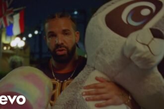 Drake, Don Toliver and Yebba performing Cold Shoulder in the official music video, showing the three artists on stage with bright lighting and a dark background.