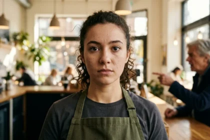 Close‑up of a Gen Z employee maintaining a steady, expressionless gaze at a customer behind a service counter