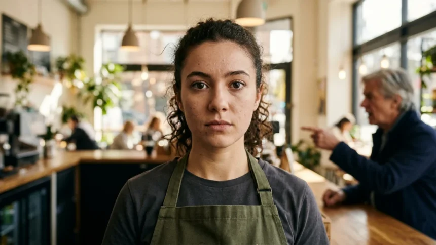 Close‑up of a Gen Z employee maintaining a steady, expressionless gaze at a customer behind a service counter