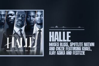 Moses Bliss on stage with SpotLite Nation, Chizie, Festizie, Khael and Ajay Asika performing the song HALLE, surrounded by a lively audience.