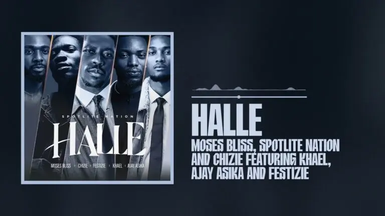 Moses Bliss on stage with SpotLite Nation, Chizie, Festizie, Khael and Ajay Asika performing the song HALLE, surrounded by a lively audience.