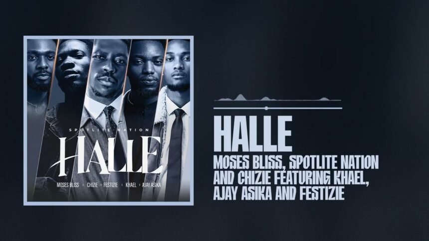Moses Bliss on stage with SpotLite Nation, Chizie, Festizie, Khael and Ajay Asika performing the song HALLE, surrounded by a lively audience.