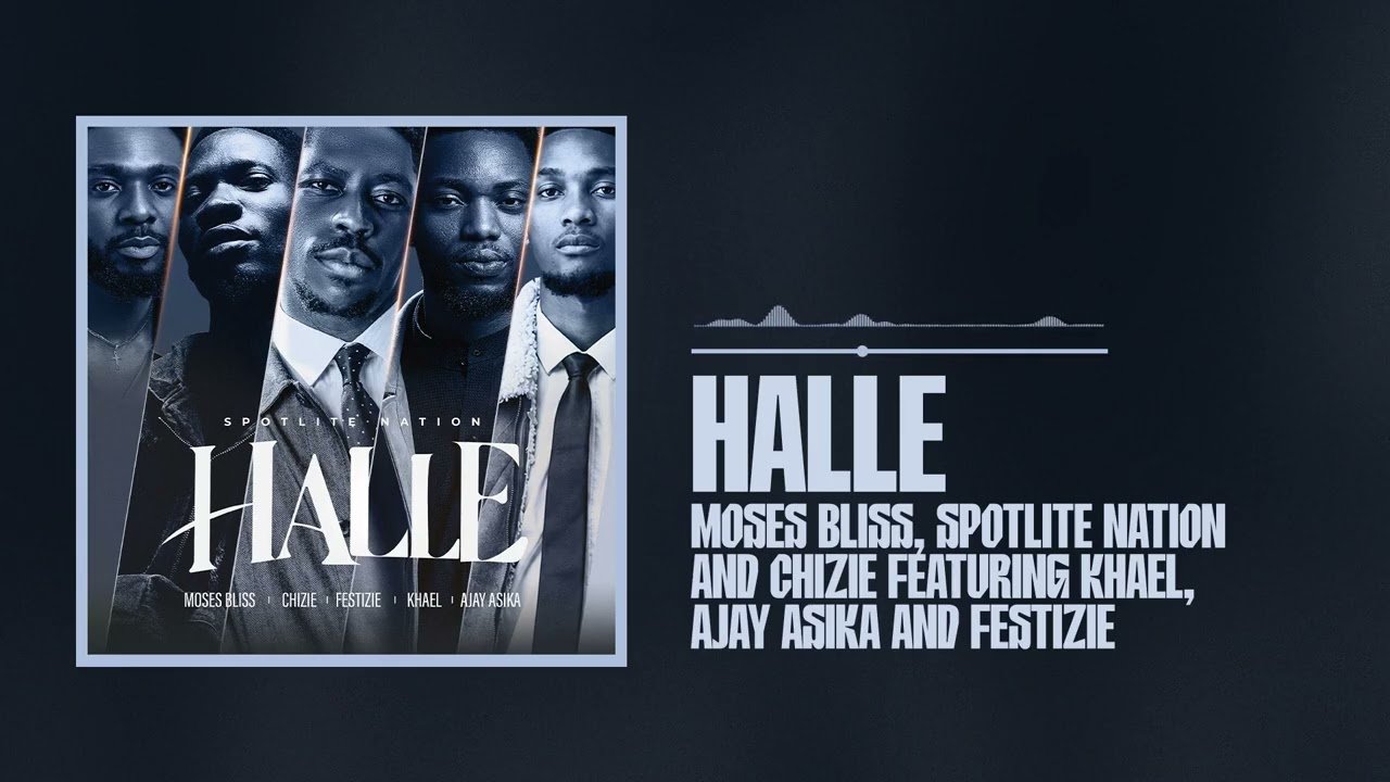 Moses Bliss on stage with SpotLite Nation, Chizie, Festizie, Khael and Ajay Asika performing the song HALLE, surrounded by a lively audience.