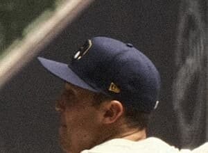 Jacob Misiorowski, right‑handed pitcher for the Milwaukee Brewers, wearing his team uniform on the baseball field.