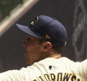 Jacob Misiorowski, right‑handed pitcher for the Milwaukee Brewers, wearing his team uniform on the baseball field.