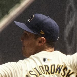 Jacob Misiorowski, right‑handed pitcher for the Milwaukee Brewers, wearing his team uniform on the baseball field.