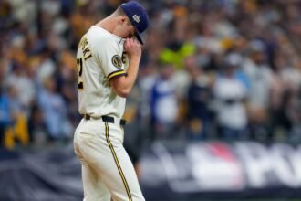 Jacob Misiorowski of the Milwaukee Brewers throwing a 103.5 mph fastball during the 2026 World Series opening inning