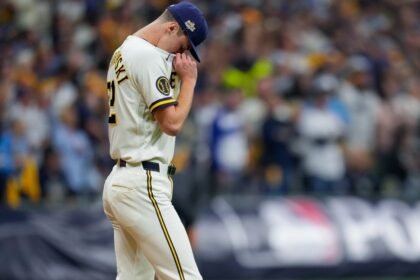 Jacob Misiorowski of the Milwaukee Brewers throwing a 103.5 mph fastball during the 2026 World Series opening inning