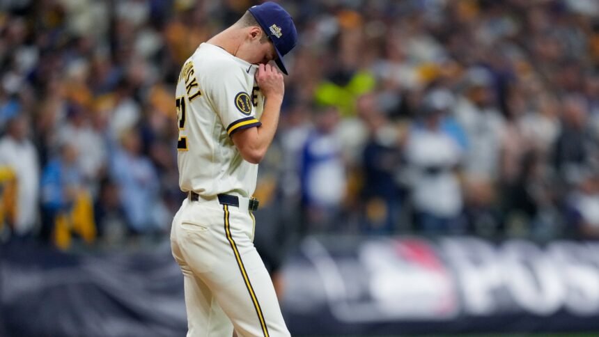 Jacob Misiorowski of the Milwaukee Brewers throwing a 103.5 mph fastball during the 2026 World Series opening inning