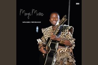 Menzi on stage playing acoustic guitar during the performance mix of Kushoda Obaba & Vuma, with studio lighting and audience in the background