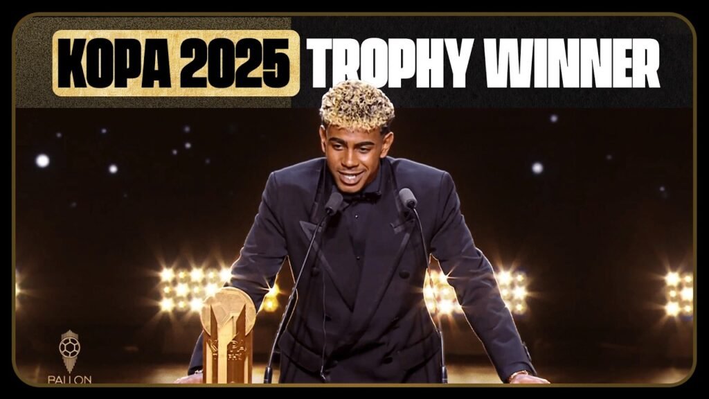 Lamine Yamal receiving Kopa Trophy - Lamine Yamal Wins Kopa Trophy at Ballon d'Or 2026 – Barcelona Star Shines