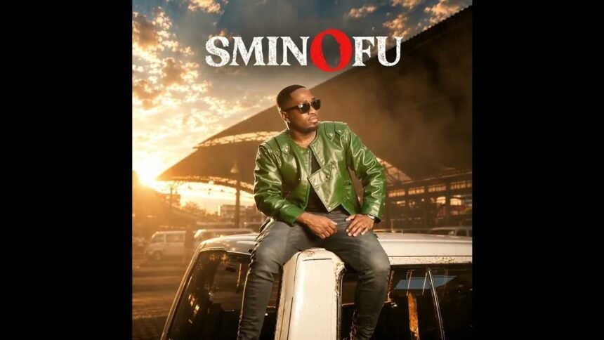 Sminofu stands in a dimly lit studio, wearing a patterned shirt, with colorful lighting behind him as he sings for the 'Madagascar' visualizer.