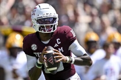 Texas A&M quarterback Marcel Reed preparing for a snap against Alabama