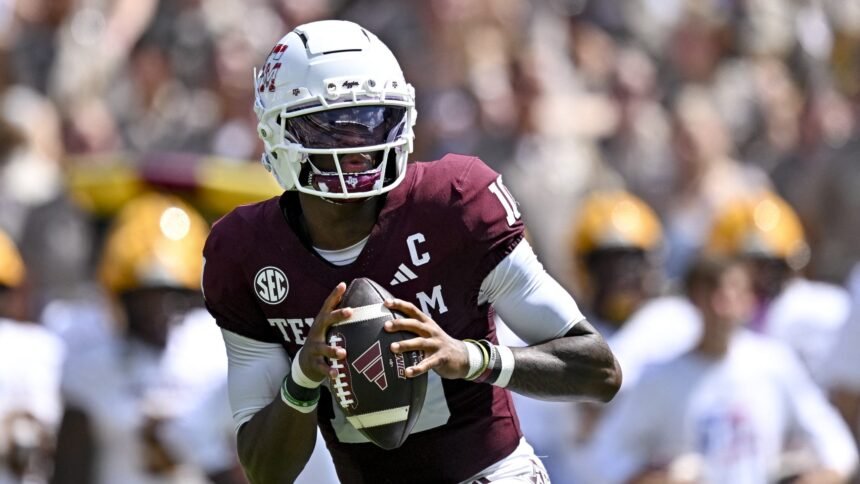Texas A&M quarterback Marcel Reed preparing for a snap against Alabama