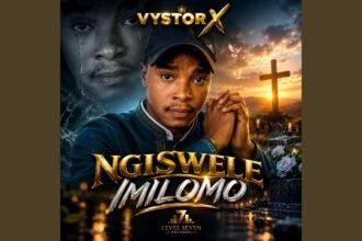 Vystor X stands in a studio with a keyboard, performing the song Ngiswele imilomo while producer Sizwe Sabelo Mdluli watches from the control desk.